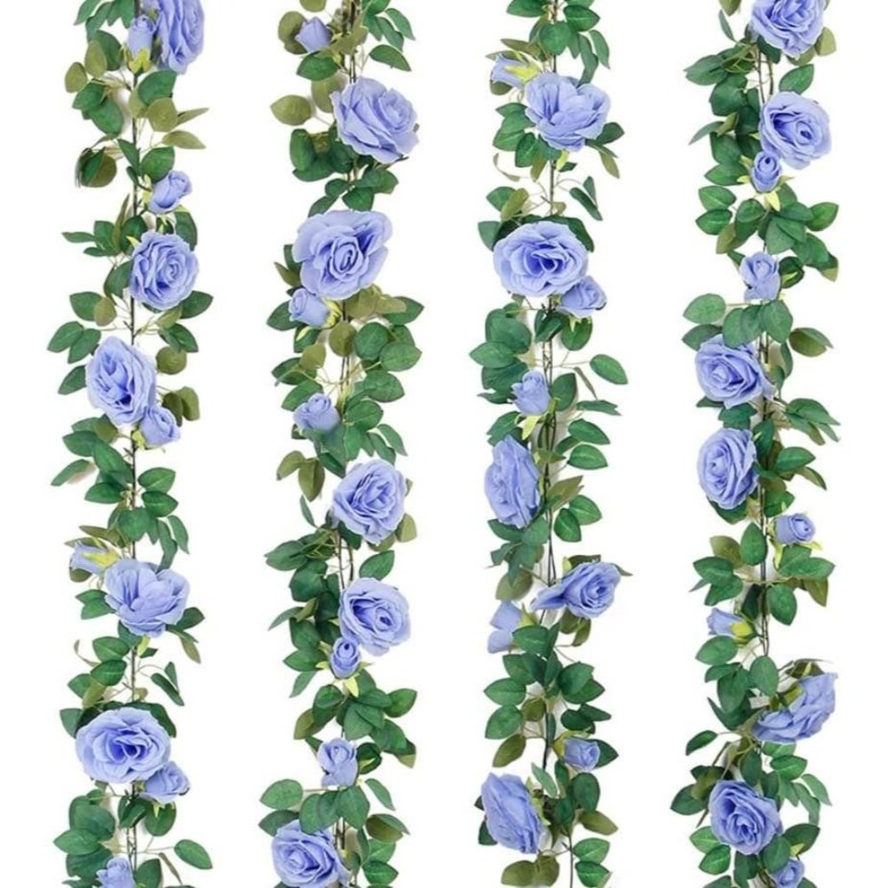 4 count Dusty Blue Rose Floral Vines Green Leaves Garland Wedding Table Decor